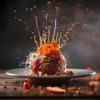 Baked apple with caramelized apples on a wooden table with splashes., Image photo