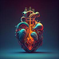 humano corazón anatomía en oscuro antecedentes. 3d representación. neón luz, ai generativo imagen foto