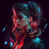 Moda Disparo de un hermosa mujer en futurista lentes. retrato de un niña en neón luz., ai generativo imagen foto