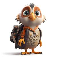 3D rendering of a cute cartoon owl with backpack isolated on white background, Image photo