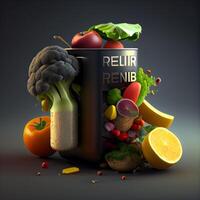 Fruits and vegetables in a box. 3d illustration. Black background., Image photo