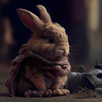 Rabbit with a scarf on a dark background. Vintage style., Image photo