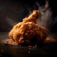 Fried chicken with smoke on a black background. Close-up, Image photo