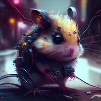 Cute hamster in the night city. 3D rendering., Image photo