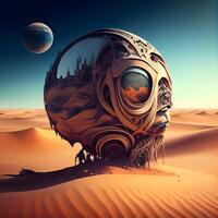 Astronaut helmet in the desert. 3d render illustration., Image photo