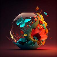 3D illustration of an abstract glass sphere with flowers and butterflies., Image photo