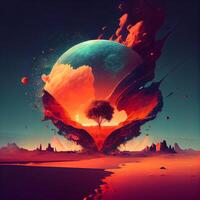 abstract planet and tree in the water, 3d render illustration, Image photo