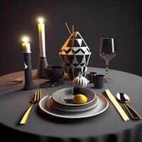 Table with tableware, candlesticks and pumpkins. 3d render, Ai Generative Image photo