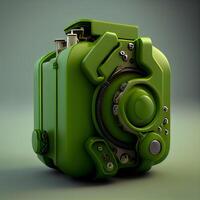 3D rendering of a green photographic camera on a gray background., Image photo