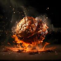 Flaming fried chicken breast with splashes on a black background, Image photo