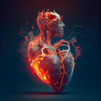 humano corazón en oscuro antecedentes. 3d representación, 3d ilustración., ai generativo imagen foto