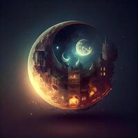Halloween background with crescent moon and haunted castle. illustration., Image photo