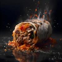 delicioso shawarma con carne y vegetales en un negro fondo, ai generativo imagen foto