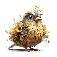 Cute cartoon bird with flowers and leaves isolated on white background., Image photo