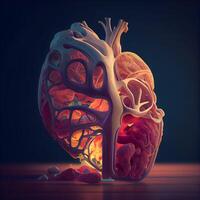 humano corazón en un oscuro antecedentes. 3d ilustración. Clásico estilo., ai generativo imagen foto