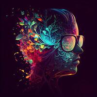 Beautiful woman face with colorful floral ornament on dark background. illustration., Image photo