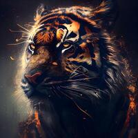 Tiger portrait with fire effect. Digital painting. Abstract background., Image photo