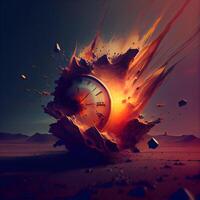 Time concept with clock in the desert. 3d render illustration., Image photo