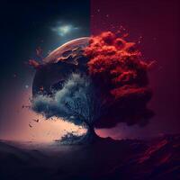 Fantasy landscape with planet and tree. Collage. 3D rendering, Image photo