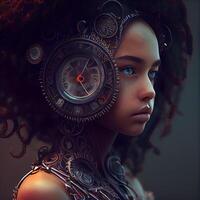 Beautiful african american woman with clock. 3d rendering, Image photo