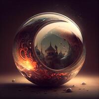 Magic crystal ball with mosque in the background. 3D illustration., Image photo