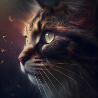 fantasía retrato de un gato con fuego y fumar en un oscuro fondo, ai generativo imagen foto