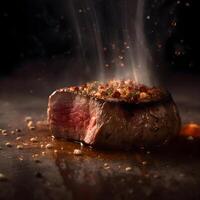 Grilled beefsteak with smoke and spices on a black background, Image photo