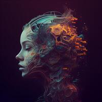 3D rendering of a female robot head with a futuristic background., Image photo