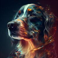 Digital painting of a dog with fire effect on the eyes and nose., Image photo