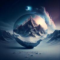 Fantasy landscape with planet and snow. 3D illustration. Elements of this image furnished by NASA, Image photo