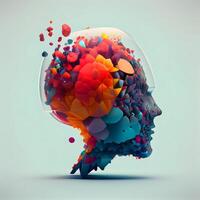 3d render of human head with abstract colorful paint splashes., Image photo