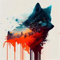 Illustration of a wolf on a grunge background with splashes, Image photo