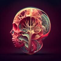 Human skull with abstract pattern on dark background. 3D illustration., Image photo