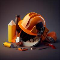 Hard hat and construction tools on a dark background. 3d rendering, Image photo