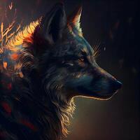 Portrait of a wolf with fire on a black background. Digital painting., Image photo