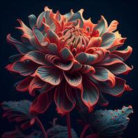 Red and blue dahlia flower on dark background. 3D rendering, Image photo