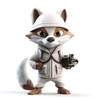 Cute cartoon fox with a camera on a white background. 3d rendering, Image photo