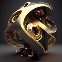 3d render of abstract metal object on dark background with golden elements, Image photo