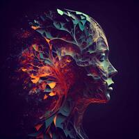 Human head with abstract brain. Artificial intelligence concept. 3D rendering, Image photo