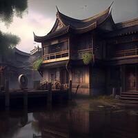 Traditional Chinese style house in the old town, 3d illustration., Image photo