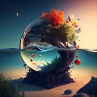 abstract scene with a planet in the water. 3d render, Image photo
