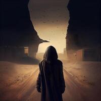 Mysterious man in the middle of the desert. Halloween concept, Image photo