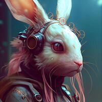 Rabbit with headphones. 3D rendering. 3D illustration., Image photo