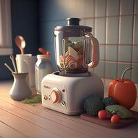 Kitchen blender with vegetables on the table. 3D illustration., Image photo