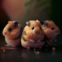 Three Syrian hamsters on a dark background with a place for text, Image photo