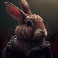 Rabbit with scarf on dark background, close up portrait., Image photo