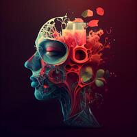 Human head with brain made of colorful splashes. illustration., Image photo