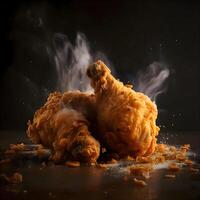 Fried chicken on a black background with splashes of water., Image photo