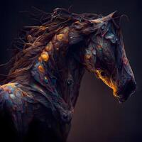 Horse portrait with colorful paint on black background. Fantasy art., Image photo