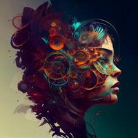 Beautiful woman face with abstract ornament. 3d render illustration., Image photo